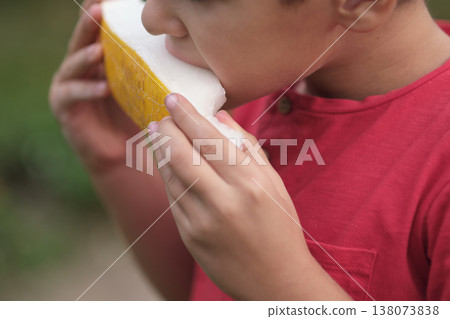 Captured in a lush garden, a boy bites into a melon, his hands delicately holding the fruit. This image showcases the connection between children and natural food choices. 138073838