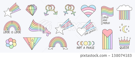 Pastel LGBTQ pride stickers with inclusive slogans. Retro hand-drawn doodles of rainbows, gender symbol for queer celebration and pride month branding. Vector illustration isolated on white background Pastel LGBTQ pride stickers with inclusive slogans. Retro hand-drawn doodles of rainbows, gender symbol for queer celebration and pride month branding. Vector illustration isolated on white background 138074183