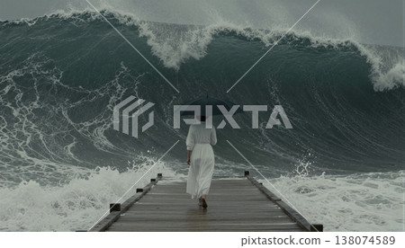 A lone figure stands on a pier facing a colossal wave, embodying resilience and quiet defiance against nature's power. 138074589
