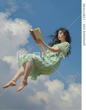 A young woman floats serenely amidst fluffy clouds, engrossed in a book. 138074590