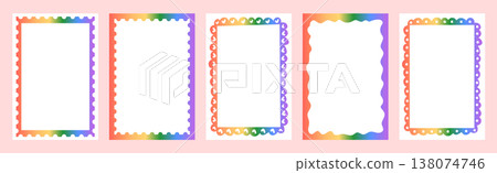 Vibrant rainbow gradient frame set. Retro scalloped and wavy borders with blank white copy space. Funky stamp style labels for pride events, party invites, and social media. Vector illustration. 138074746