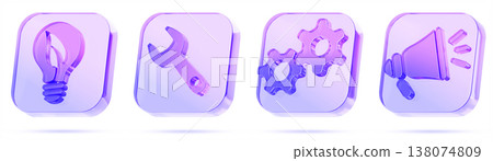 3d glass hologram square button icon set - light bulb with leaf, wrench, gears, megaphone. Electric car service, ev repair, maintenance, support, diagnostic tool for green businesses. 3D illustration 3d glass hologram square button icon set - light bulb with leaf, wrench, gears, megaphone. Electric car service, ev repair, maintenance, support, diagnostic tool for green businesses. 3D illustration 138074809