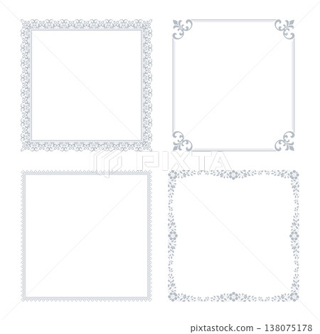 Set of decorative frames Elegant vector element for design in Eastern style, place for text. Floral gray and white frames. Lace illustration for invitations and greeting cards Set of decorative frames Elegant vector element for design in Eastern style, place for text. Floral gray and white frames. Lace illustration for invitations and greeting cards 138075178
