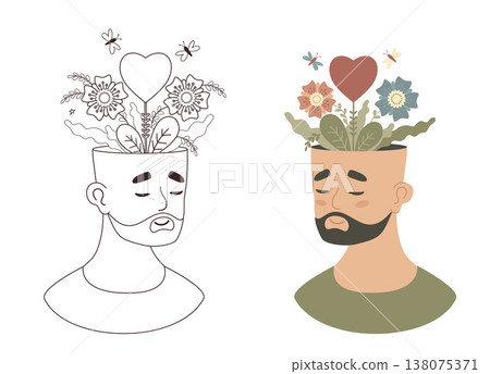 Men Mental Health Concept. Man with Blooming Flowers mind, Heart and Butterflies. Psychological Growth and Mindfulness. Isolated Outline and Color Hand Drawing. Coloring Page. Vector Illustration 138075371