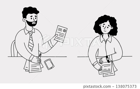 Recruitment Concept. HR Manager Holding Resume and Female Candidate Waiting for Interview. Outline Doodle hand-drawn. Vector illustration Recruitment Concept. HR Manager Holding Resume and Female Candidate Waiting for Interview. Outline Doodle hand-drawn. Vector illustration 138075373