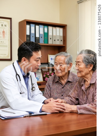 Doctor consulting elderly couple in clinic or doctors office Doctor consulting elderly couple in clinic or doctors office 138075426