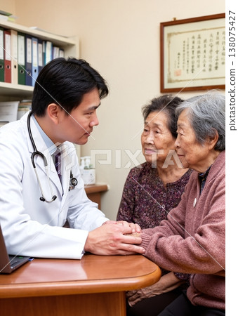 Doctor consulting elderly couple in clinic or doctors office 138075427