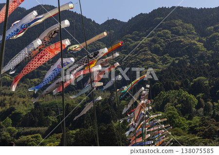 Numerous carp streamers swimming in the blue sky: A Children's Day scene. 138075585