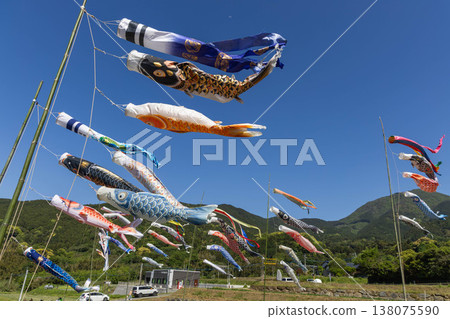 Numerous carp streamers swimming in the blue sky: A Children's Day scene. 138075590