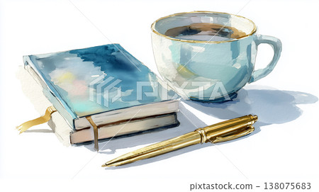 水彩風格的咖啡杯、筆記本和鋼筆組：工作風格插畫 138075683