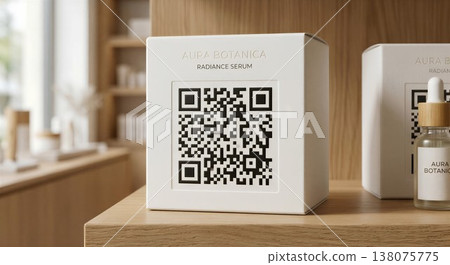 Elegant cosmetic product box with a qr code placed on a natural wooden shelf, perfect for skincare branding, beauty e-commerce, and smart packaging Elegant cosmetic product box with a qr code placed on a natural wooden shelf, perfect for skincare branding, beauty e-commerce, and smart packaging 138075775