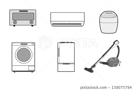 Home appliance icon set (washing machine, air conditioner, vacuum cleaner, rice cooker, refrigerator, toaster) 138075784