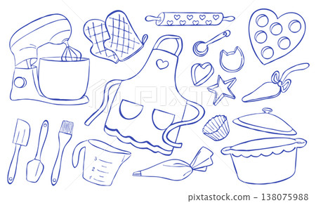 Doodle Style Baking Equipment Collection with Cute Elements. Doodle Style Baking Equipment Collection with Cute Elements. 138075988