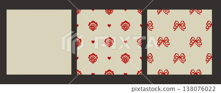 Lace Vintage Flower Heart Ribbon Bow Seamless Pattern Set Ornate Coquette Girly Vector Background. Retro Romantic Valentines Guipure 138076022