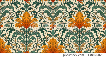 Art Nouveau Seamless Pattern With Vintage Iris Flowers And Antique Ornamental Leaves 138076023
