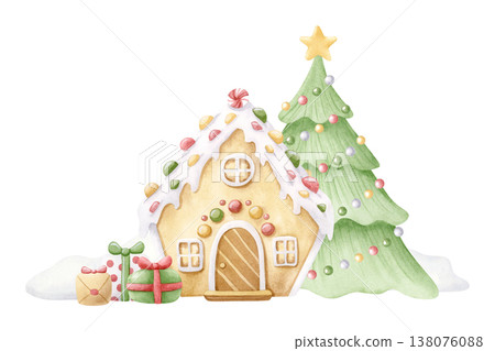 Cartoon Christmas watercolor illustration with gingerbread house, gifts and Christmas tree in snowdrifts. Traditional winter holidays symbols and desserts horizontal clip art. Greeting card template 138076088