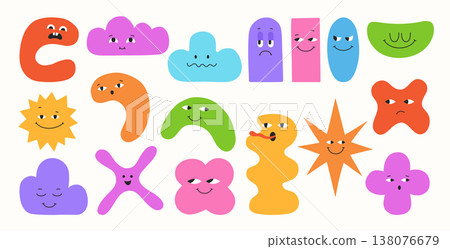 Abstract geometric characters set colorful shapes expressive comic playful childish smiling faces 138076679