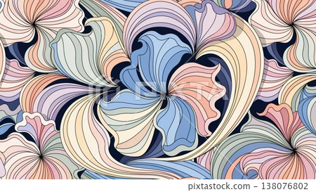 pastel floral seamless pattern soft blue pink purple flowers bold black outline background  138076802