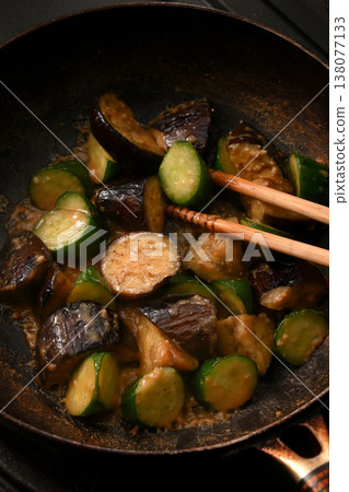 Eggplant and cucumber stir-fried with miso Eggplant and cucumber stir-fried with miso 138077133