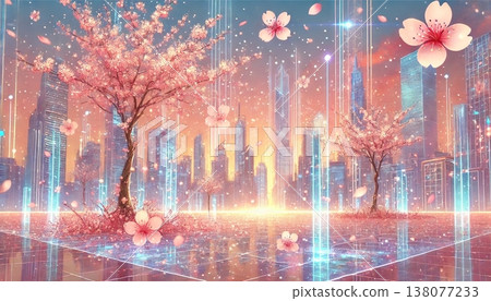 一幅充滿奇幻色彩的春日景象：一座智慧城市，閃閃發光的數據線傾瀉而下，盛開的櫻花熠熠生輝。 138077233