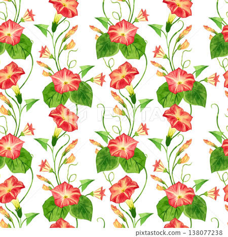 Seamless convolvulus pattern with green leaves, stems and pink flowers. Everything is hand-painted in watercolor. Floral print on textiles for spring decor and creating bright wallpapers. 138077238