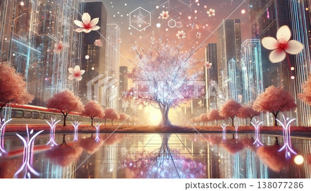 A fantastical glowing cherry blossom blooms in a futuristic city where light data flows, creating a spring landscape in cyberspace. 138077286