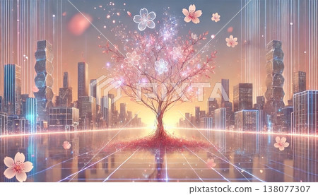 未來都市中心，一座智慧城市呈現出奇幻的景象，閃耀的數位櫻花在光粒子的舞動中綻放。 138077307