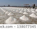 Salt fields in Phetchaburi Province, Thailand, where salt is harvested from seawater using traditional methods. 138077345