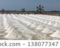 Salt fields in Phetchaburi Province, Thailand, where salt is harvested from seawater using traditional methods. 138077347