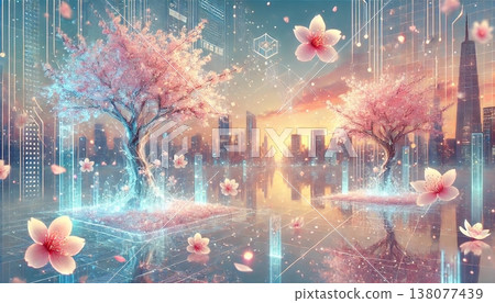 夕陽下閃耀著光芒的未來之城，櫻花樹漂浮在水面上：一幅奇幻的數位藝術景觀。 138077439