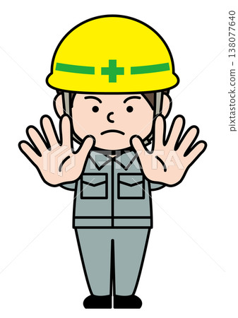 一幅向量插圖，描繪了一個戴著安全帽的工人形象，他雙手做出停止的手勢。 138077640