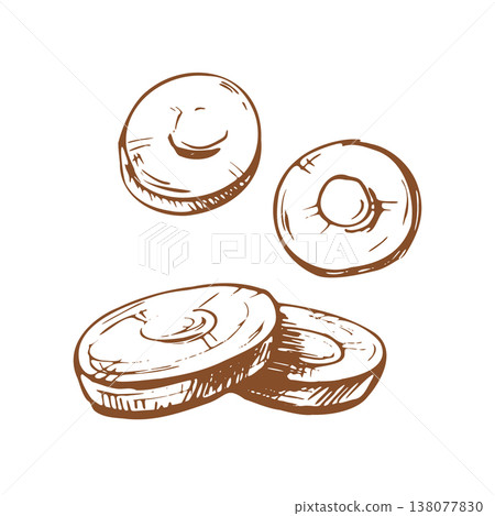 A hand-drawn illustration of sliced carrots. A fresh vegetable ingredient in an engraving style for a kitchen menu. A culinary sketch of organic produce for a healthy eating and cooking concept. 138077830