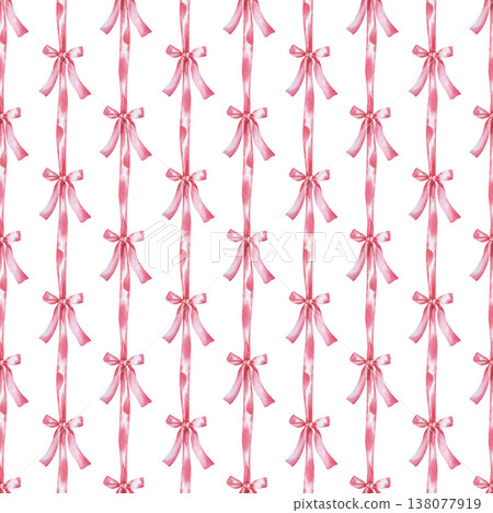 Vertical seamless pattern with pink ribbons and bows on an isolated background. A background with watercolor festive elements for fabrics, textiles, wallpaper, packaging, postcards, and printing. 138077919