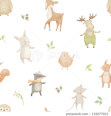 Seamless pattern with cute funny animals squirrel, bunny and badger on white background, woodland watercolour illustrations for baby textile and fabric, nursery design Seamless pattern with cute funny animals squirrel, bunny and badger on white background, woodland watercolour illustrations for baby textile and fabric, nursery design 138077922