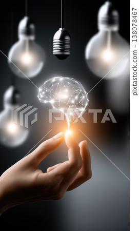 Light bulbs shine in front of a dark purple cityscape, showing ideas and connections in business technology and innovation 138078467