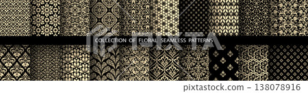 Geometric floral set of seamless patterns. Golden and black vector backgrounds. Damask graphic ornaments Geometric floral set of seamless patterns. Golden and black vector backgrounds. Damask graphic ornaments 138078916