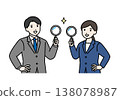 A man and a woman in suits holding magnifying glasses 138078987