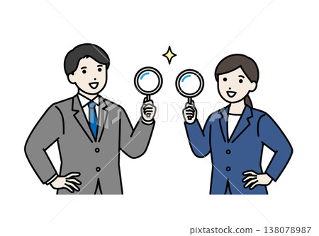 A man and a woman in suits holding magnifying glasses 138078987
