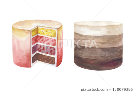 A set with two bases for a cake, hand-drawn. The watercolor illustration is highlighted on an isolated background. A sponge cake template for decorating with various accessories at your discretion A set with two bases for a cake, hand-drawn. The watercolor illustration is highlighted on an isolated background. A sponge cake template for decorating with various accessories at your discretion 138079396