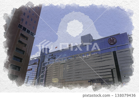 Watercolor style painting of Fukuoka Tenjin, Fukuoka Mitsukoshi, Fukuoka City, Fukuoka Prefecture 138079436