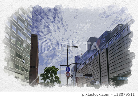 Watercolor style painting of Fukuoka Tenjin, Fukuoka Mitsukoshi, Fukuoka City, Fukuoka Prefecture 138079511