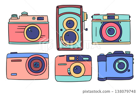 Color Retro Camera Analog Device Symbol Thin Line Set Hand Drawn Doodle Style. Vector illustration of Photograph Equipment 138079748