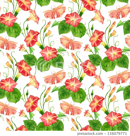 Watercolor seamless pattern with convolvulus flowers, leaves, buds and pink butterflies. All objects are hand-drawn in watercolor of textile wallpaper made of fabric, tableware, cosmetics packaging. 138079771