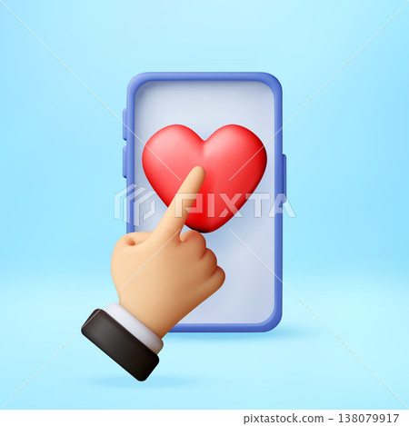 3D Hand touching red heart icon on mobile phone 138079917
