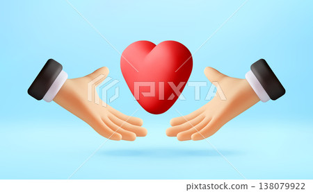 3d cartoon hands holding a red heart. 3d cartoon hands holding a red heart. 138079922