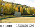 A deserted baseball field and scoreboard bathed in autumn colors. 138080129
