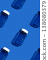 Medicine jar pattern on blue background, pharmaceutical flat lay texture top view 138080379