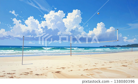 眼前是沙灘排球場，湛藍的天空和廣闊的海洋盡收眼底。 138080396