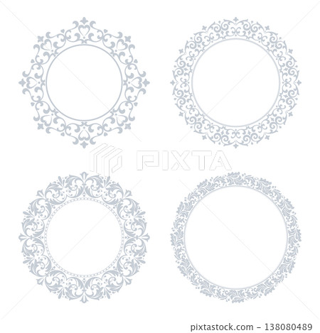 Set of decorative frames Elegant vector element for design in Eastern style, place for text. Floral gray and white frames. Lace illustration for invitations and greeting cards Set of decorative frames Elegant vector element for design in Eastern style, place for text. Floral gray and white frames. Lace illustration for invitations and greeting cards 138080489