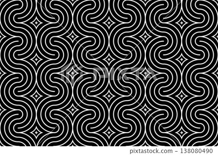 The geometric pattern with wavy lines. Seamless vector background. White and black texture. Simple lattice graphic design. The geometric pattern with wavy lines. Seamless vector background. White and black texture. Simple lattice graphic design. 138080490